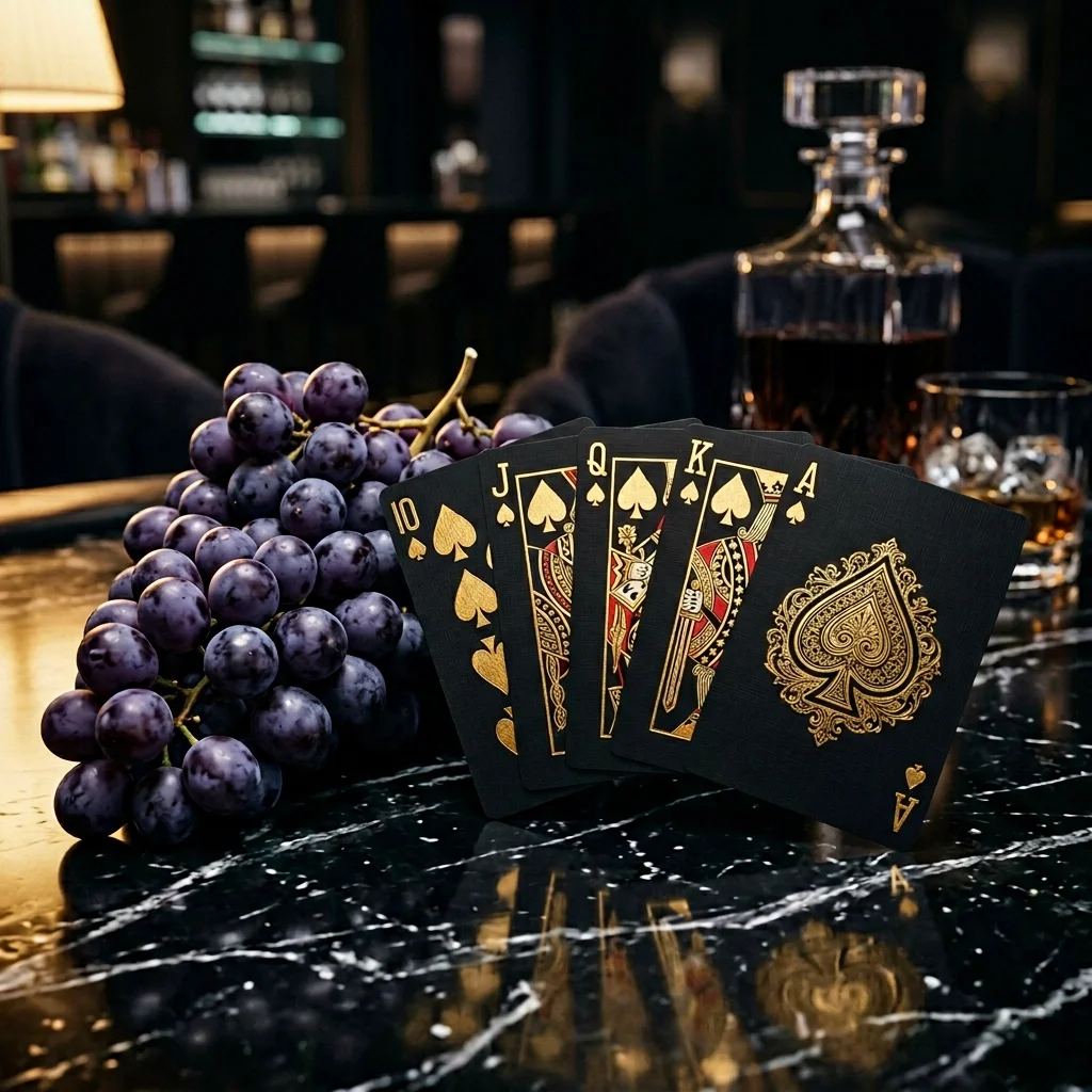 Royal Flush Grape flavor by Poker Bar Switch with a fresh grape bunch and gold Spade Royal Flush cards.