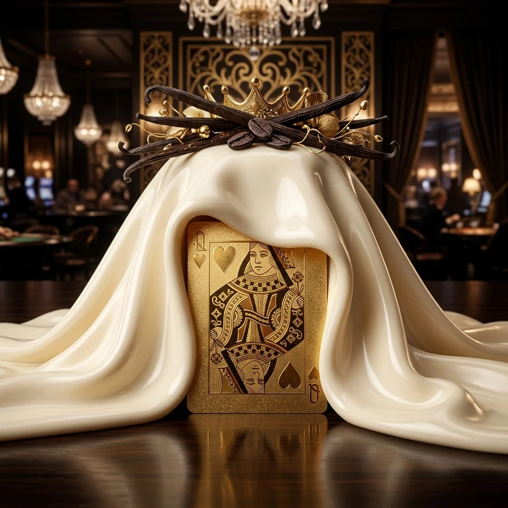 Queens Velvet Vanilla flavor by Poker Switch Bar featuring white cream and gold Queen playing card.