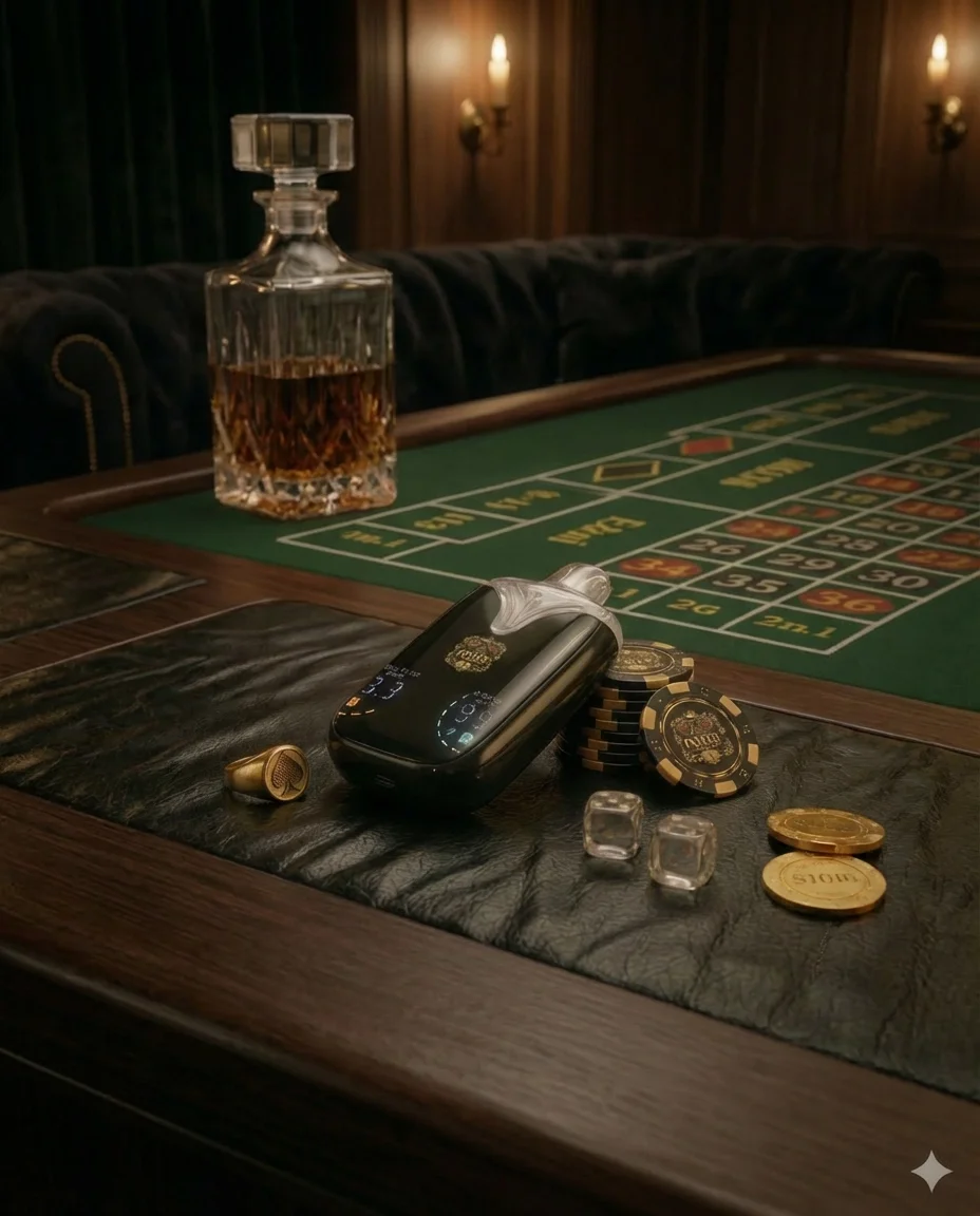 Casino blackjack table with chips, a glass of whiskey, a handheld electronic device with a crest, and a pile of coins and dice on the table.