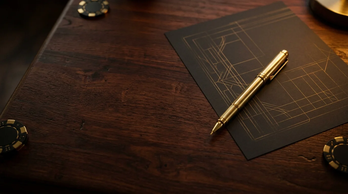 A gold pen rests on black paper with gold architectural sketches, surrounded by poker chips on a wooden table.
