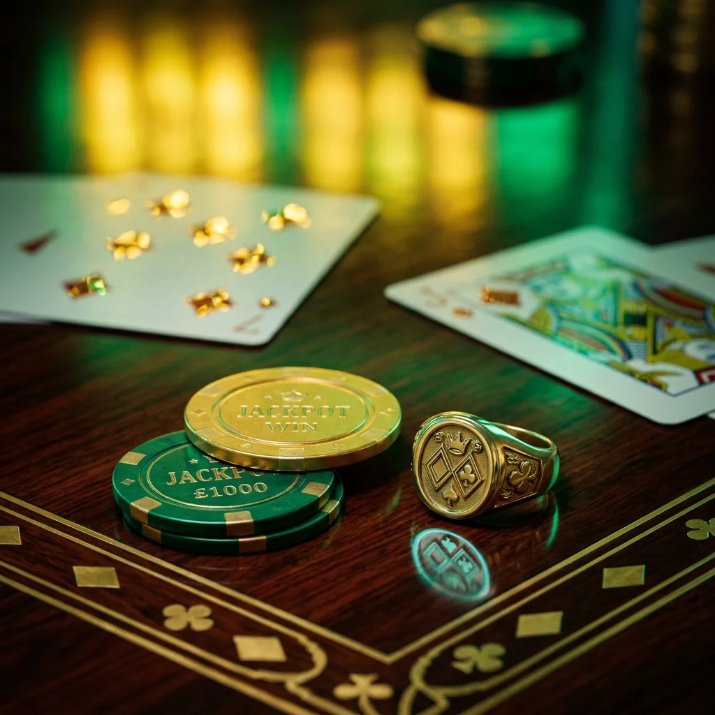 Casino table with poker chips, playing cards, and a ring. The chips have labels 'JACKPOT WIN' and '£1000'. The background includes more chips and cards.