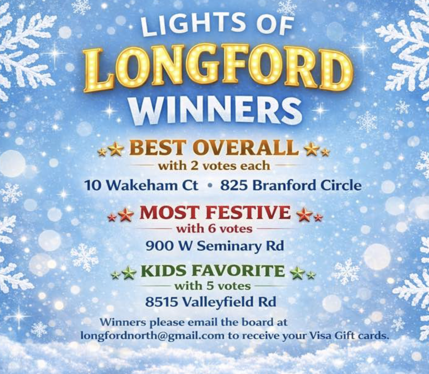 Announcement poster for Lights of Longford winners, with a snowy winter background, snowflakes, and stars, listing winners for Best Overall, Most Festive, and Kids Favorite.