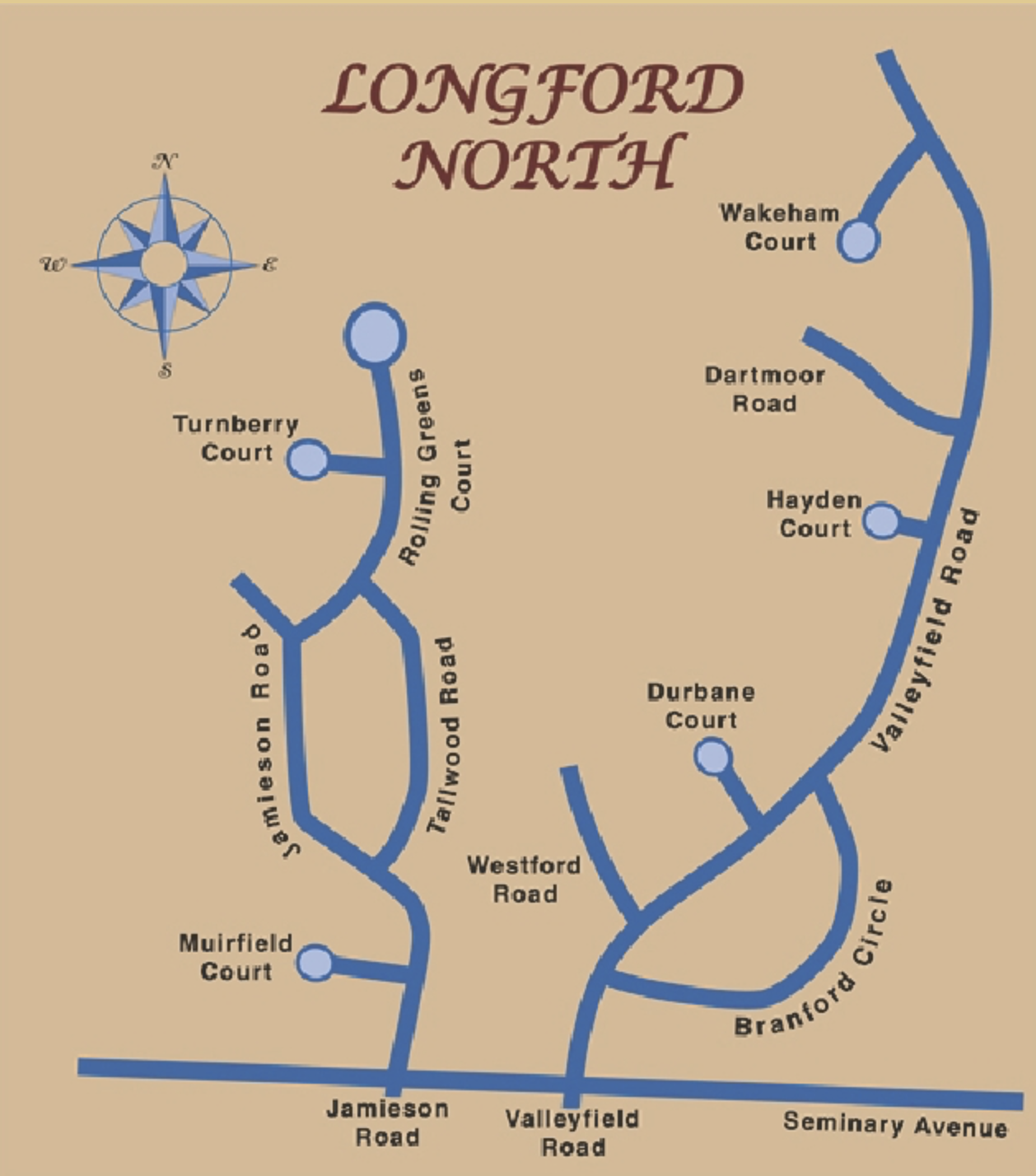 Map of Longford North showing roads and courts, including Turnberry Court, Muirfield Court, Jamieson Road, Valleyfield Road, Seminaray Avenue, Valleyfield Road, Brantford Circle, Durbarne Court, Hayden Court, Dartmoor Road, Wakeham Court, and the roads connecting them.