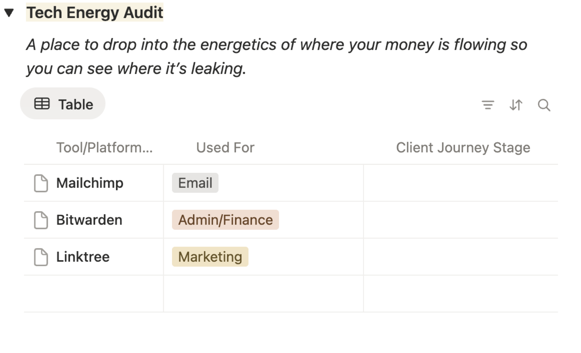 Your DIY one page brain map for everything you need to think about in your business. Tech Stack Audit, Capacity planning, a place to see your offers, client journey, client archetype, project dashboard, tasks and it's beautiful to look at.