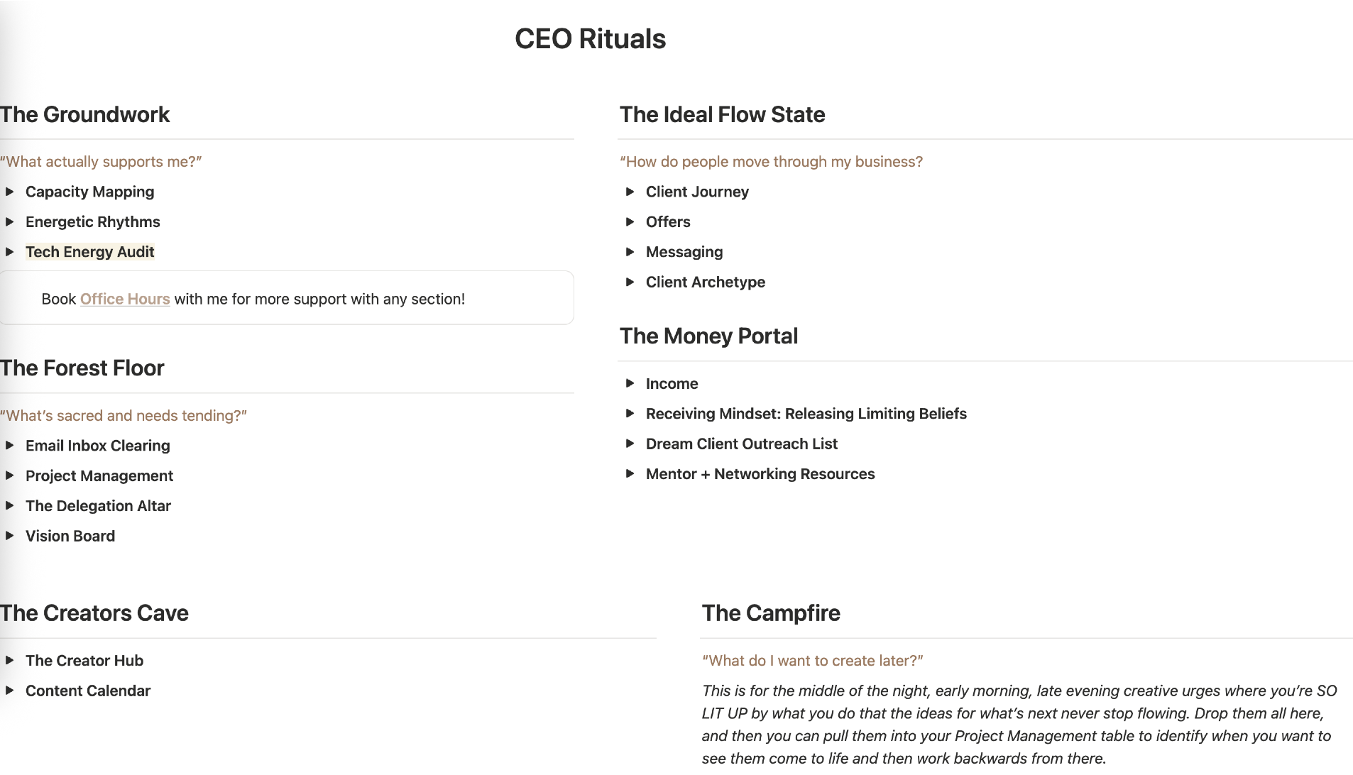 Your DIY one page brain map for everything you need to think about in your business. If you're scattered across multiple docs, notebooks and systems, this is the CEO Dashboard you've been looking for. It's customizable for visual aesthetic.