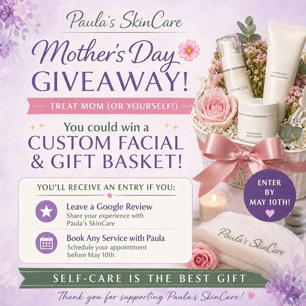✨ Mother&rsquo;s Day Giveaway Alert! ✨

Treat your mom&mdash;or yourself&mdash;to the ultimate self-care experience 💐💜 We&rsquo;re giving away a custom facial + a special gift basket to one lucky winner!! 

Here&rsquo;s how to enter:
🌸 Leave Paula