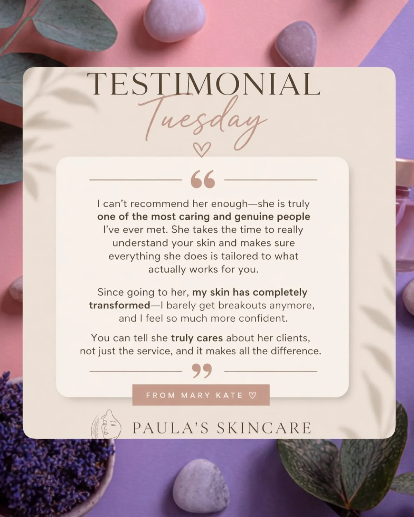 Testimonial Tuesday at Paula&rsquo;s SkinCare! 

Real results. Real confidence.

There&rsquo;s nothing better than helping our clients fall in love with their skin again. Every treatment is completely customized&mdash;because your skin deserves that 
