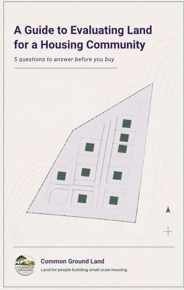 Guide to evaluating land for a housing community, featuring a site plan with residential lots, topographic contours, and Common Ground Land branding.