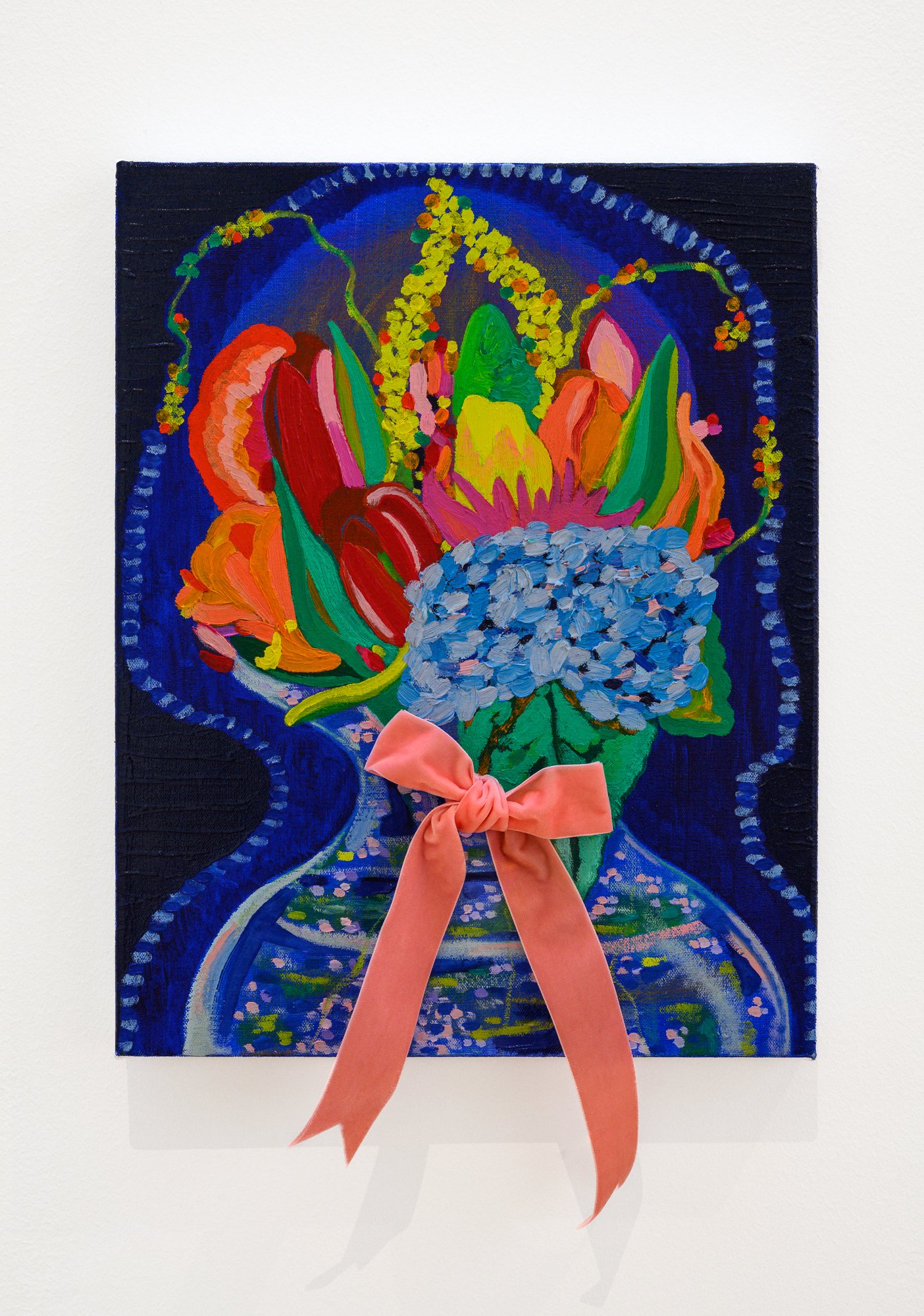 Grief & Its Changing Forms, 2021
Oil on canvas with brass grommets and velvet ribbon
18 x 14 inches
Photo courtesy Constance Mensh.