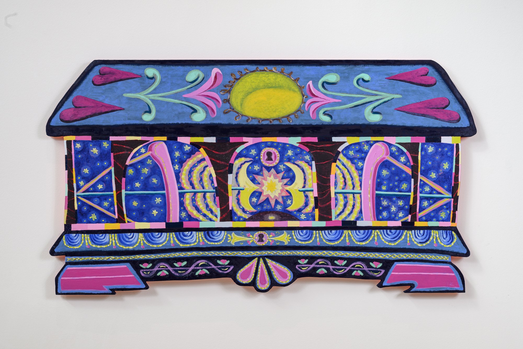 Lighting in a Box (Hope Chest), 2025-2026
26 ¼ x 47 ¾ inches
Oil on shaped panel
Photo courtesy Constance Mensh.