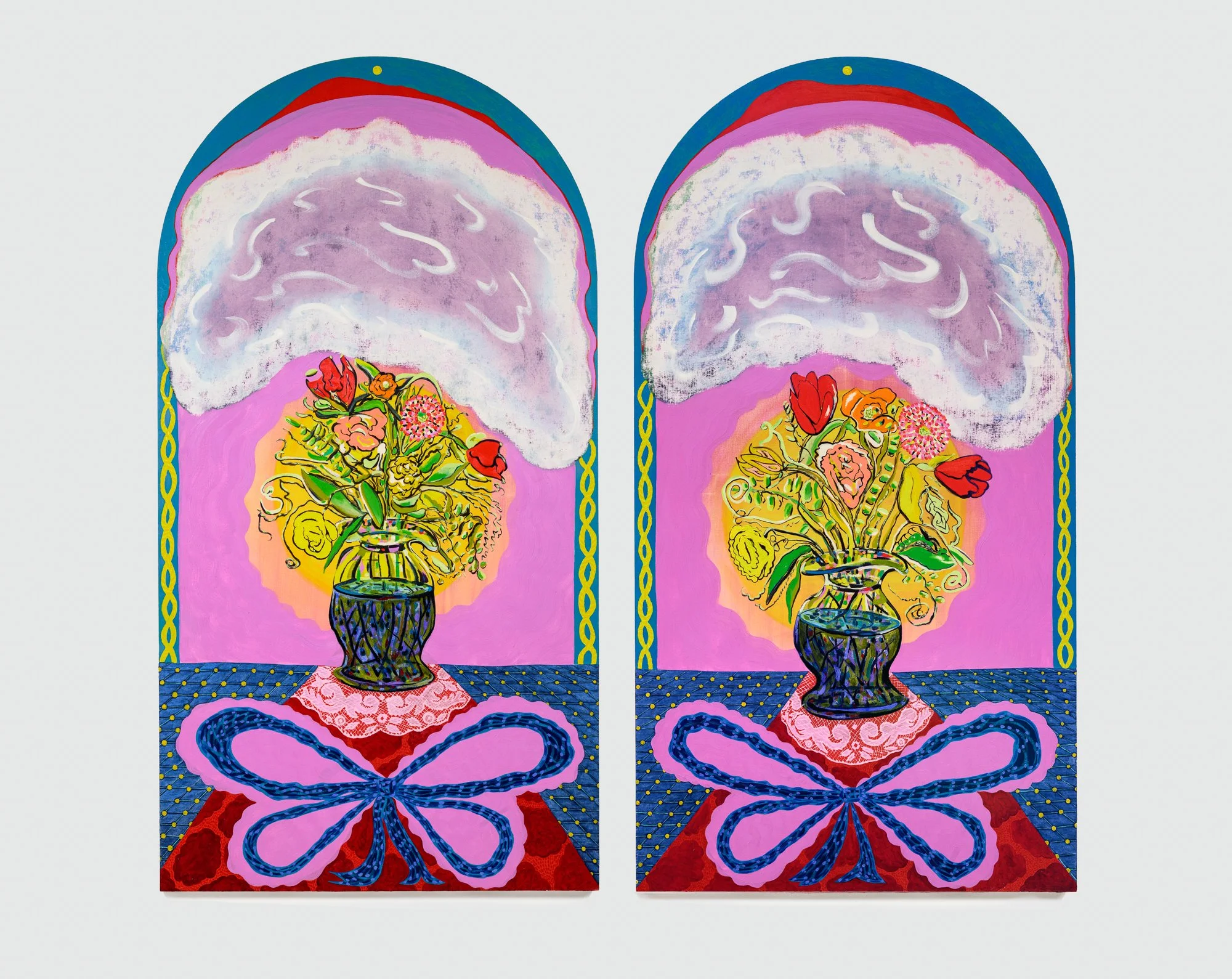 Silver Linings (Vase Half Full), 2022-2026
Oil on shaped canvas
Diptych
Two panels, each 80 x 42 inches
Photo courtesy Constance Mensh.