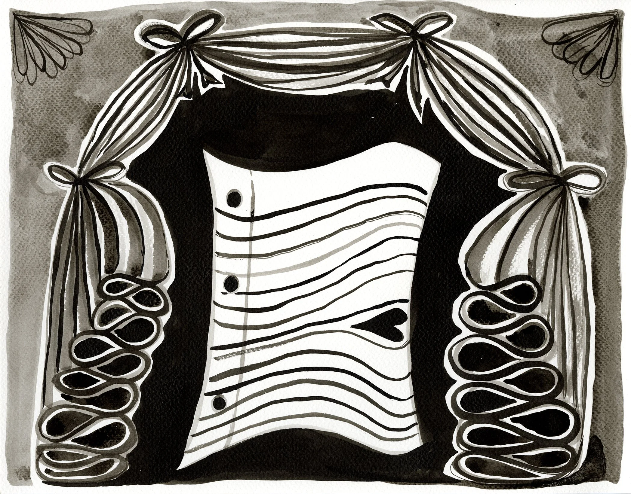 Setting the Stage, 2024 
Ink on Fabriano paper 
11 x 14  inches
Photo courtesy the artist.