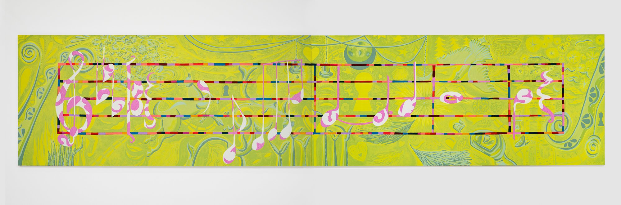 We've Only Just Begun, 2023-2026 
Oil on canvas
Overall dimensions: 40 ¼ x 179 inches
(Two panels, each 40 ¼ x 89 ¾ inches)
Photo courtesy Constance Mensh.