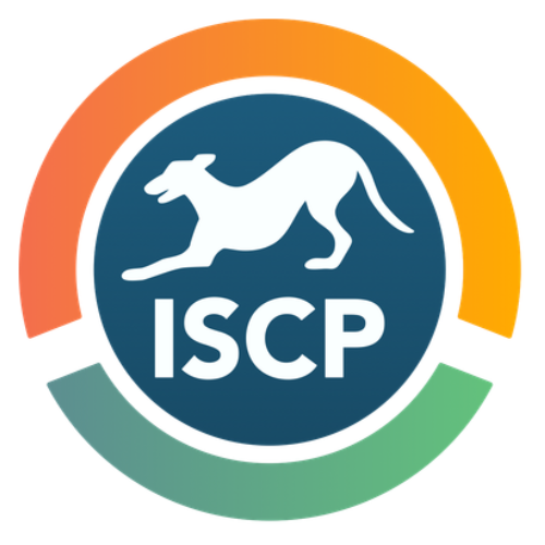 Logo of ISCP featuring a running greyhound in a blue circle with the acronym 'ISCP' underneath, surrounded by an orange and green semicircular border.