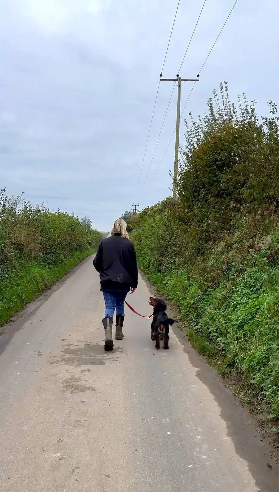 A woman walking on a rural dirt road with a small black and tan dog on a leash. The woman is wearing a black jacket, blue jeans, and boots, and has blonde hair. The road is bordered by green bushes and trees, and there are utility poles and power lines overhead.