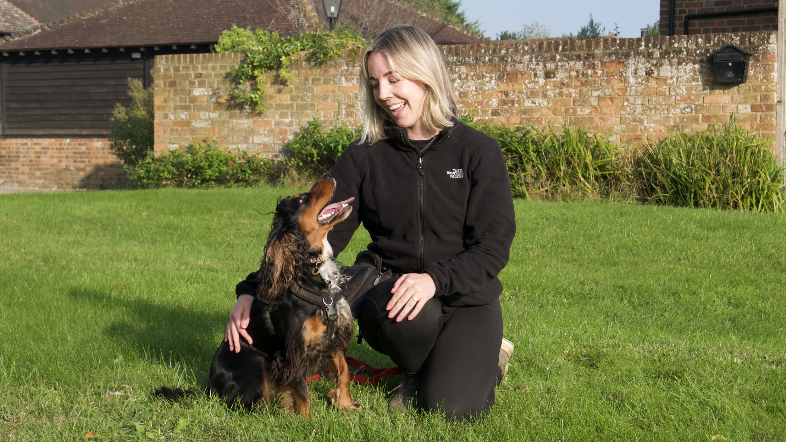 A woman kneeling on grass, smiling and petting a black and tan dog, in an outdoor backyard setting with brick wall and greenery.