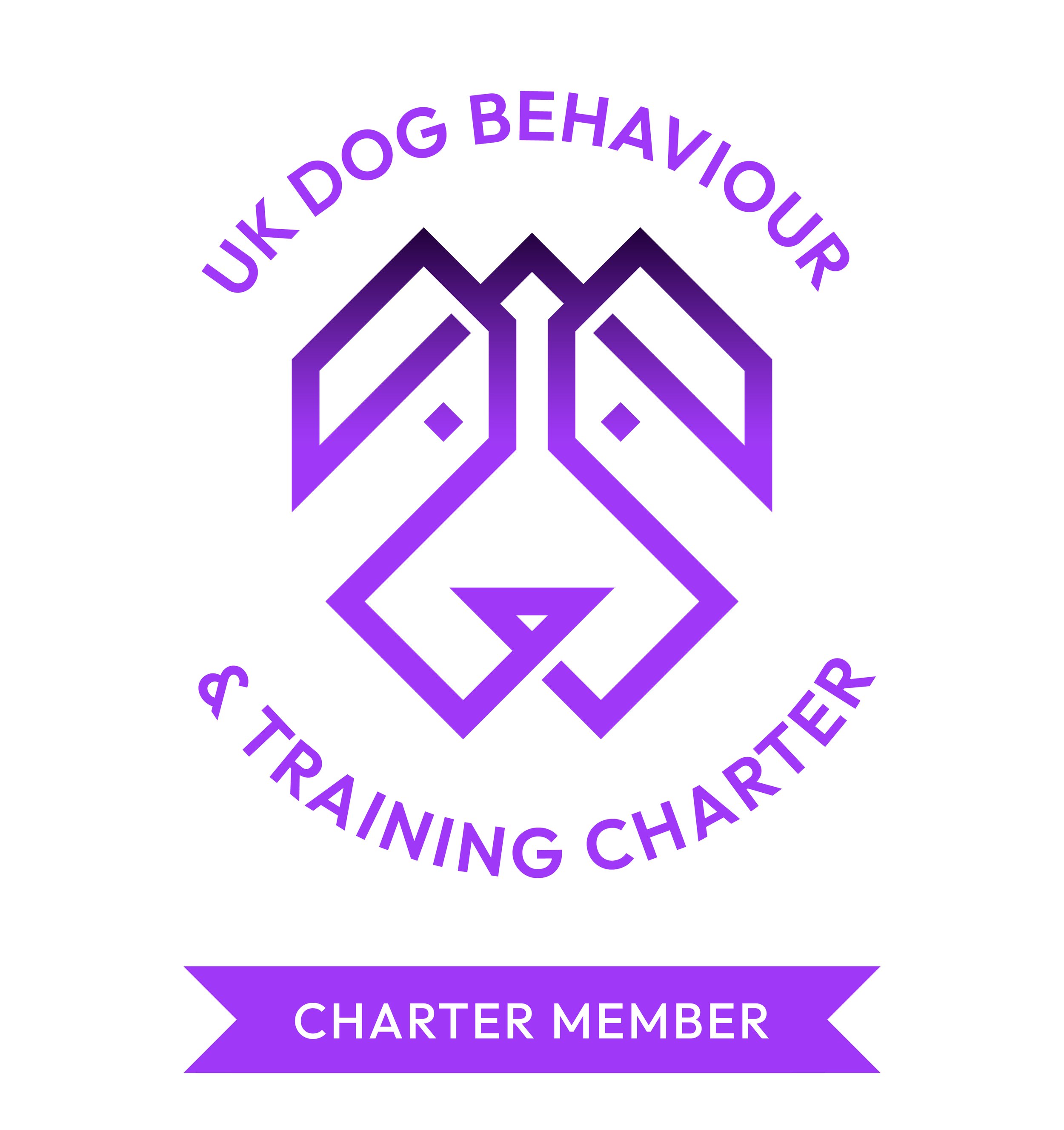 Logo for UK Dog Behaviour & Training Charter featuring a purple geometric dog face with text around it and a purple banner reading 'Charter Member'.