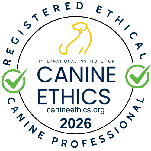 Logo for the International Institute for Canine Ethics featuring a stylized yellow dog head, with blue text and green check marks, dated 2026.