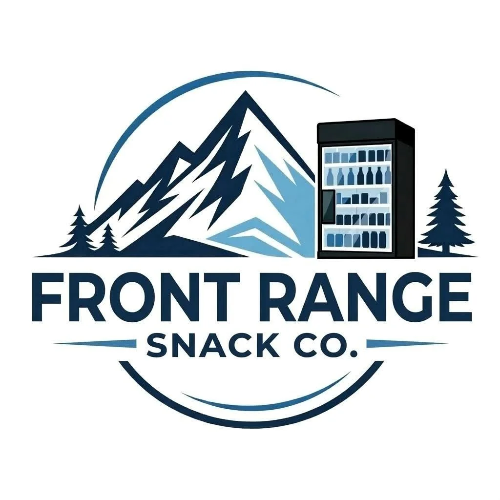 Logo for Front Range Snack Co. featuring stylized mountain and tree graphics with a vending machine, using shades of blue and black.