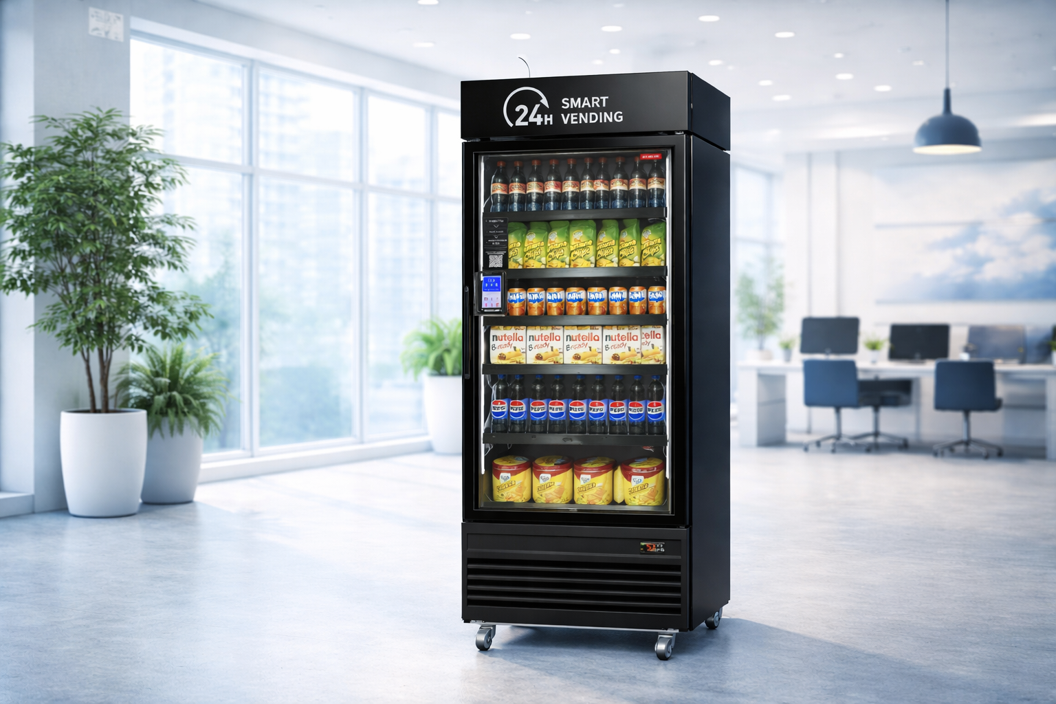 A black vending machine with a glass door in a modern office space, stocked with snacks and beverages including soda bottles, Nutella jars, potato chips, and juice boxes, labeled '24h Smart Vending' on top.