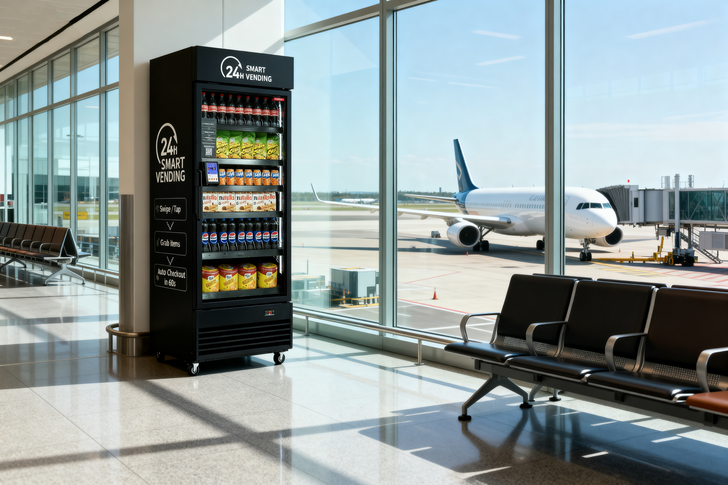A vending machine with snacks and drinks at an airport terminal, with a parked airplane visible outside through large glass windows.
