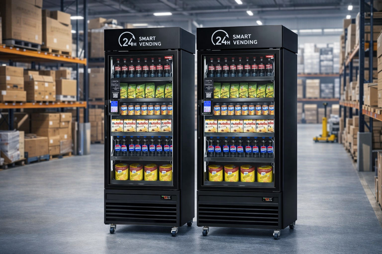 Two vending machines in a warehouse with shelves of boxes in the background.