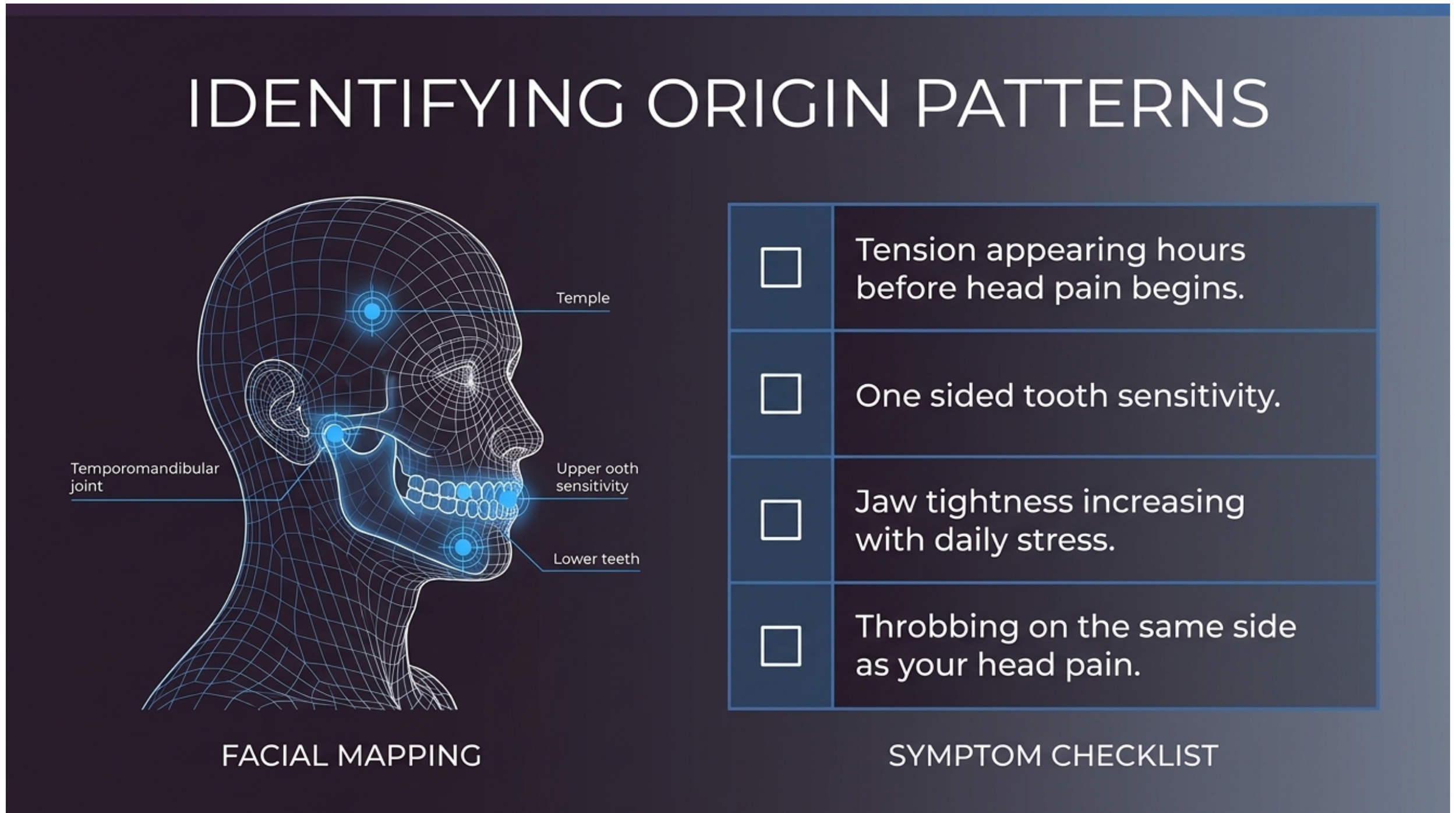 Facial mapping graphic with a symptom checklist identifying jaw-origin migraine patterns including temple tension, one-sided tooth sensitivity, and throbbing on the same side as head pain.
