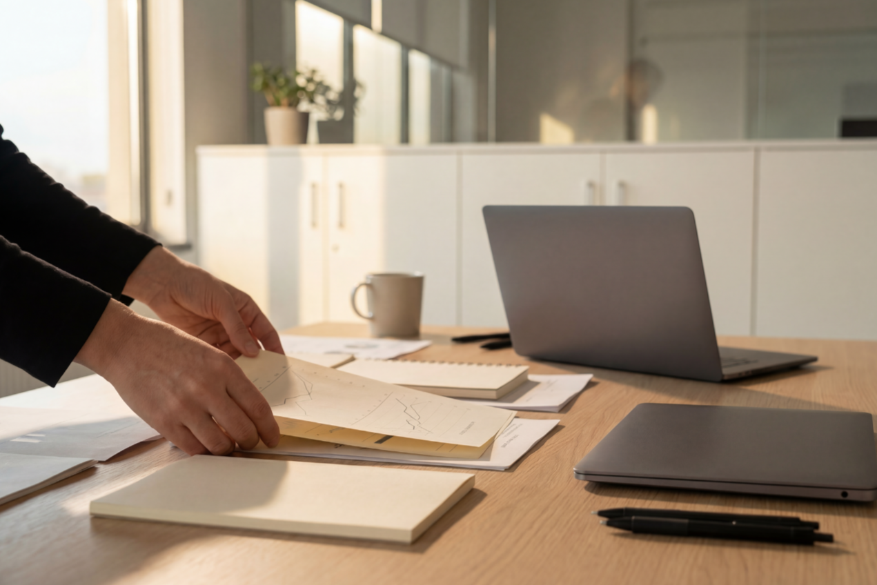 Pessoa organizando documentos em uma mesa de escritório com laptop, caderno, canetas, caneca e plantas ao fundo