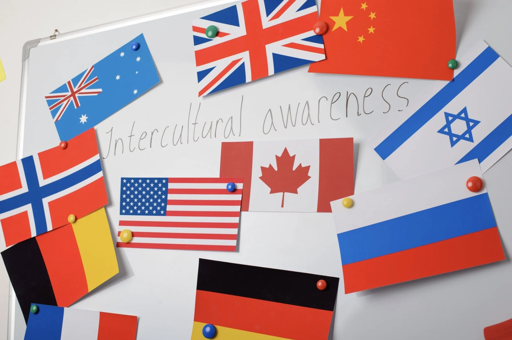 Quadro branco com a frase 'Intercultural awareness' escrita à mão, rodeado por várias bandeiras de países diferentes, incluindo Austrália, Reino Unido, China, Israel, Estados Unidos, Canadá, Noruega, Alemanha e Rússia, presos com ímãs coloridos.