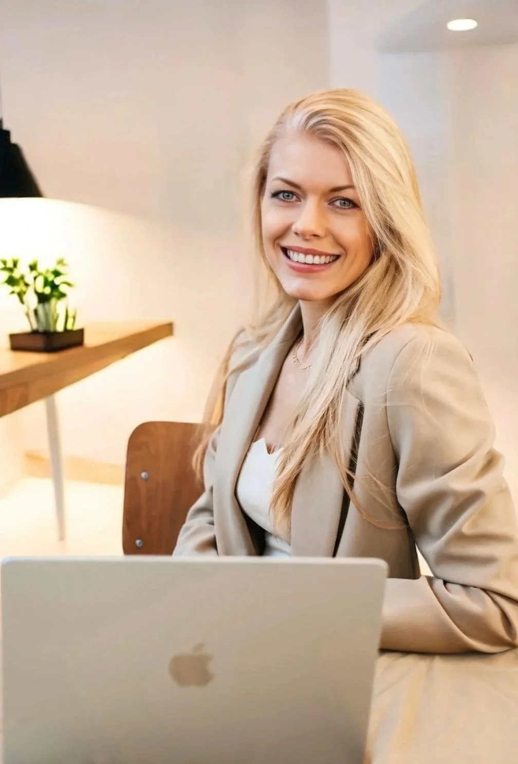 Mulher sorridente com cabelo loiro, usando blazer bege, sentado em uma mesa com um MacBook em um ambiente moderno e bem iluminado.