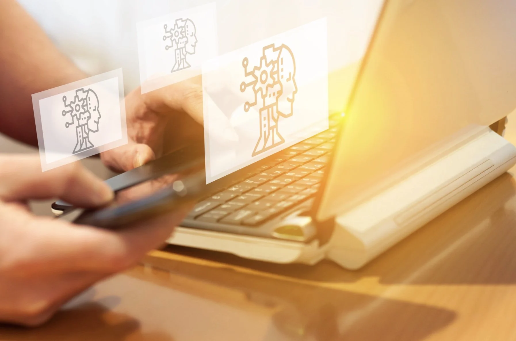 Pessoa usando um smartphone perto de um laptop com sinais de inteligência artificial projetados na tela.