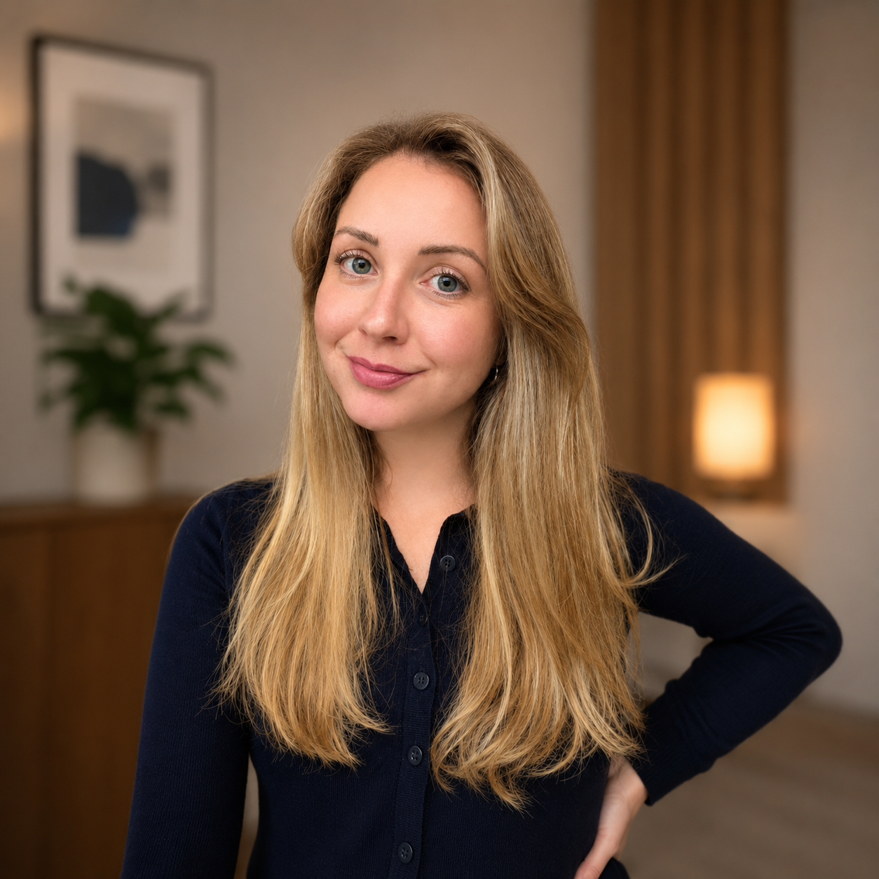 Junge Frau mit langem blonden Haar und blauen Augen trägt eine dunkle Bluse, steht in einem Praxisraum mit Pflanzen und Lampen im Hintergrund.