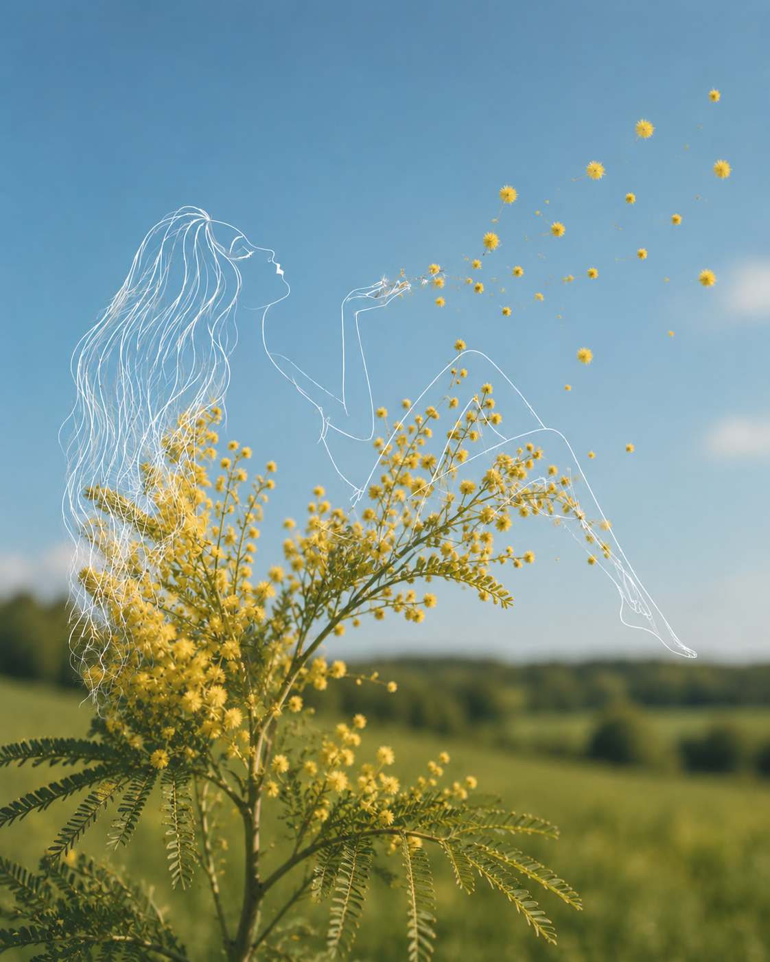 Eine blühende Gelbblütige Pflanze im Vordergrund mit einer Illustration einer sitzenden Frau in Linienzeichnung, die im Himmel sitzt und Blumen bläst, deren Blüten in die Luft fliegen.