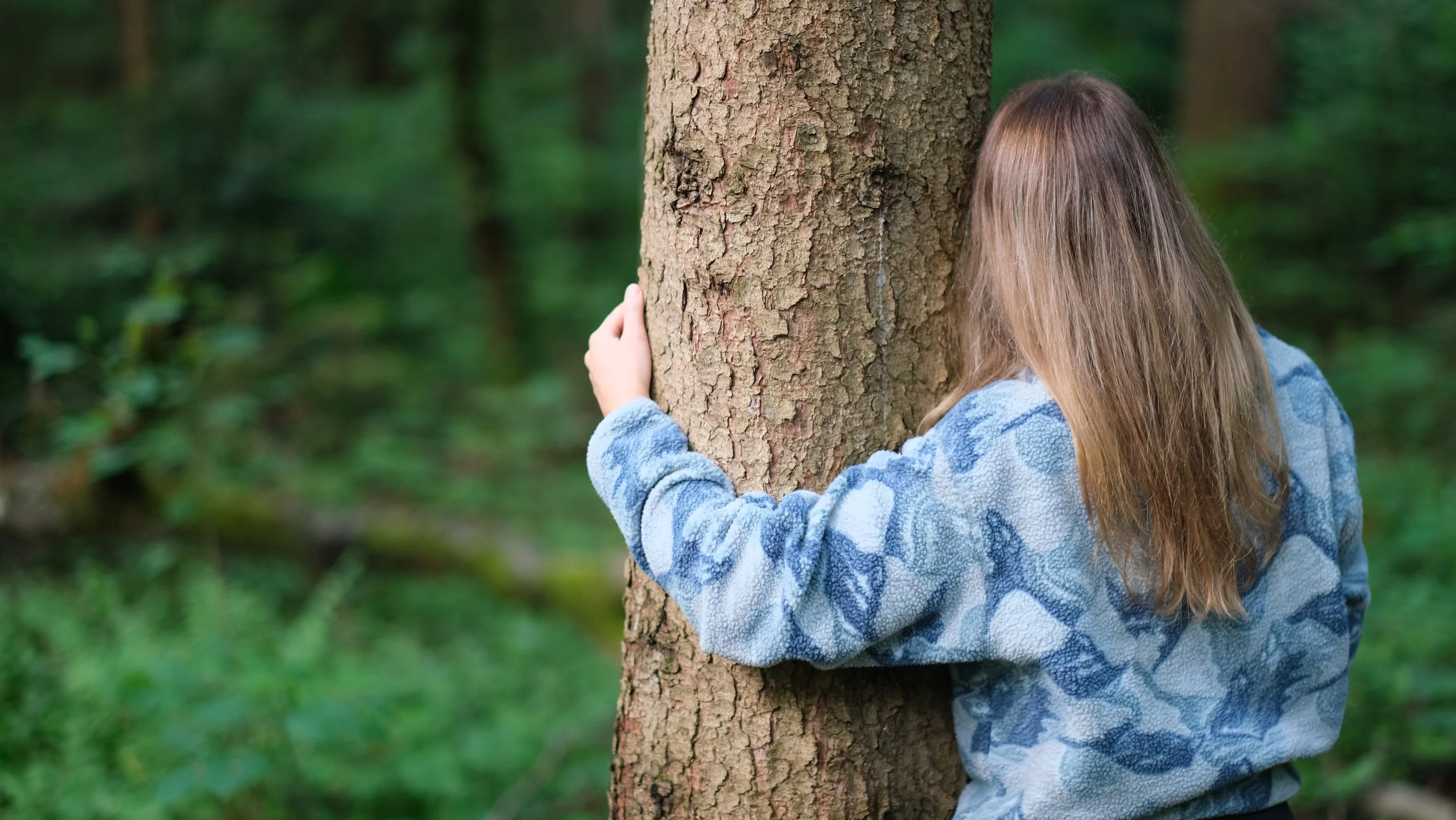 Eine Frau umarmt einen Baum im Wald, trägt eine blaue Jacke mit Muster, hat langes braunes Haar, umgeben von grünen Bäumen.