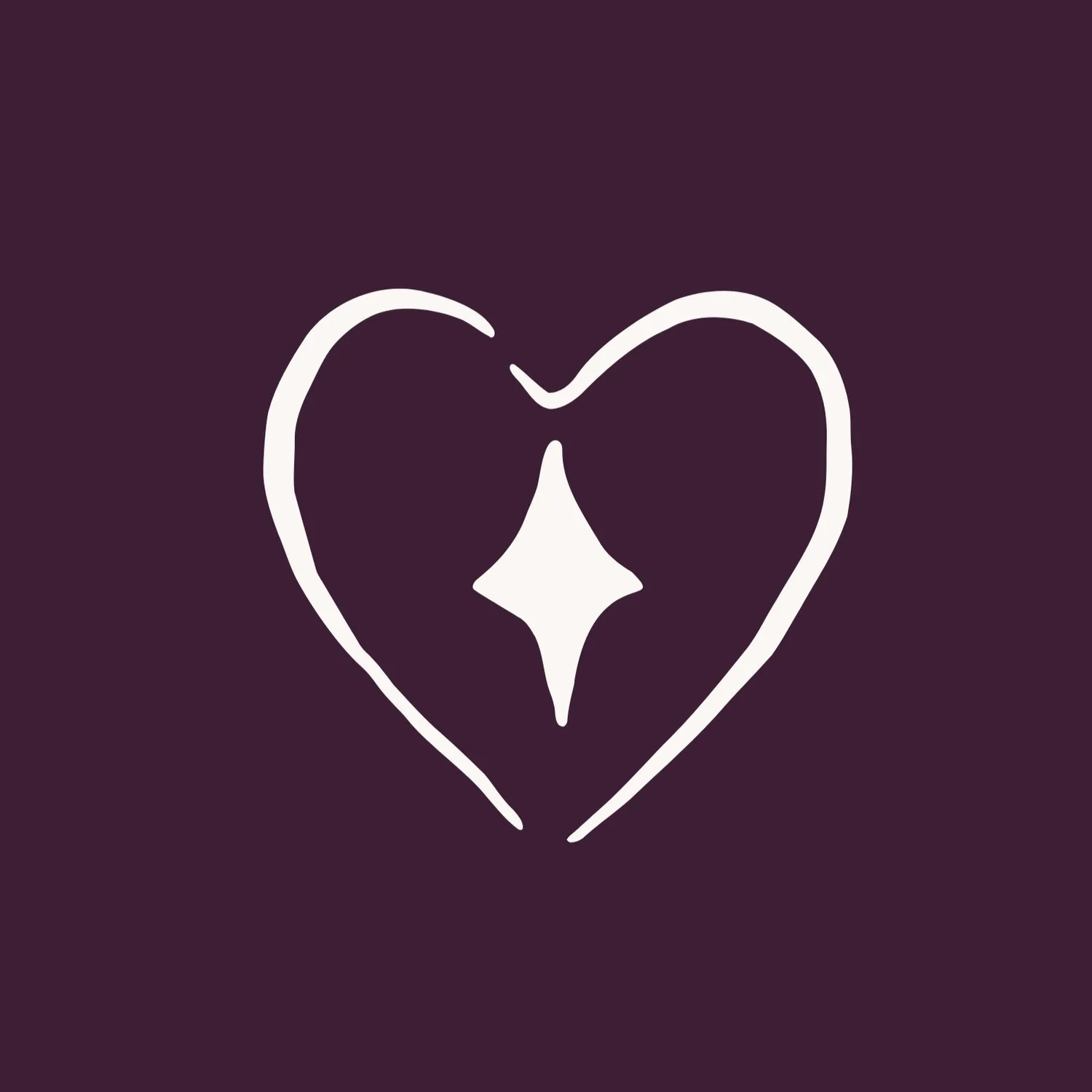 Cream hand-drawn heart with an inner sparkle on a dark plum background, symbolising heart-centred spiritual direction