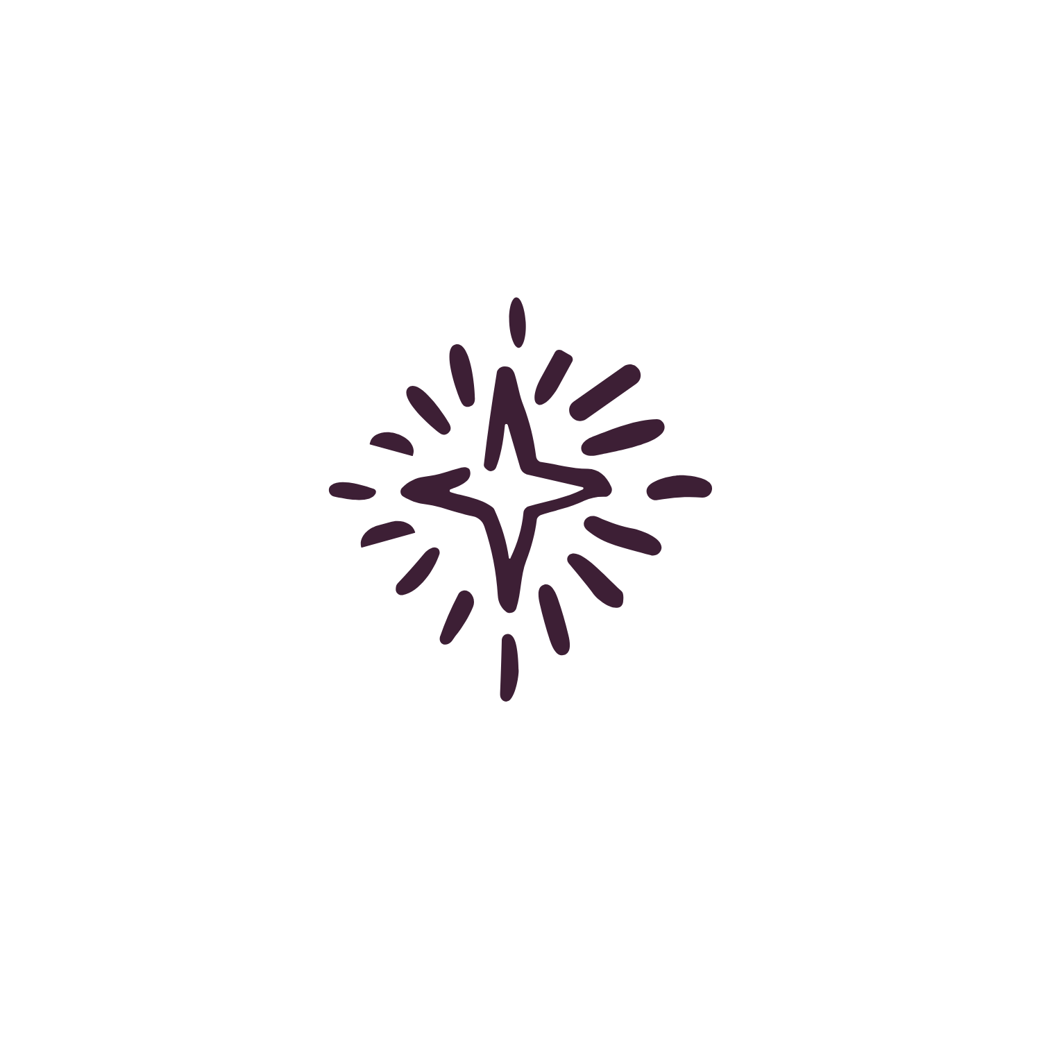 Hand-drawn dark plum sparkle icon with rays — a decorative element representing contemplative presence