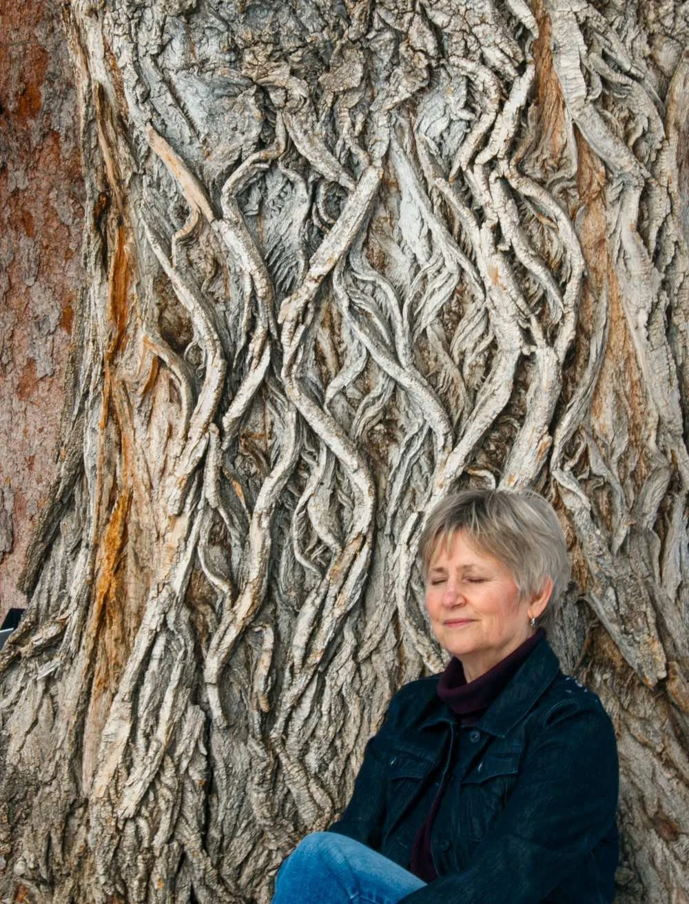 Liz Rees seated against a gnarled tree trunk with eyes closed in silent contemplation, an image of grounded prayer