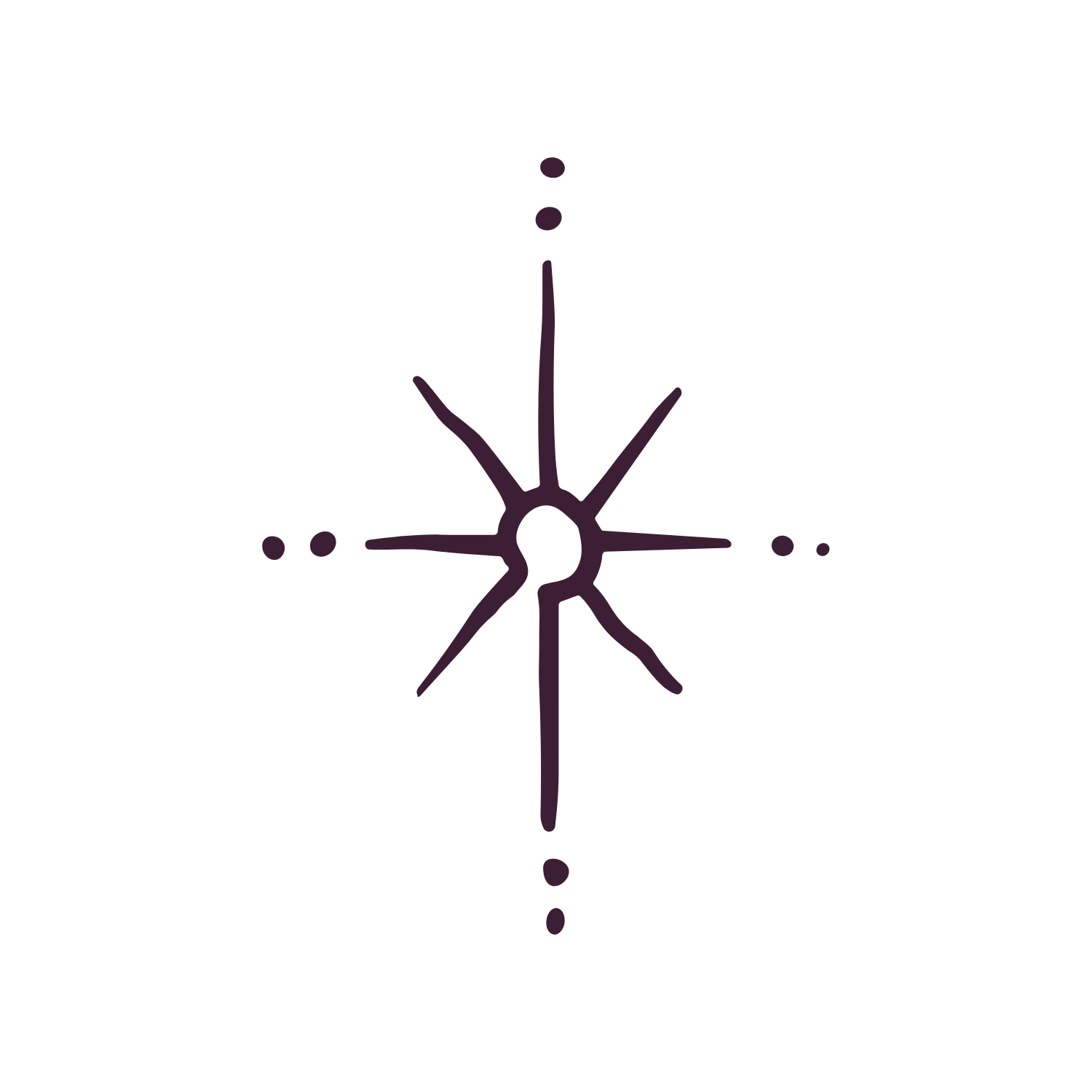 Hand-drawn dark plum compass-star icon with rays and dots, symbolising discernment and spiritual guidance