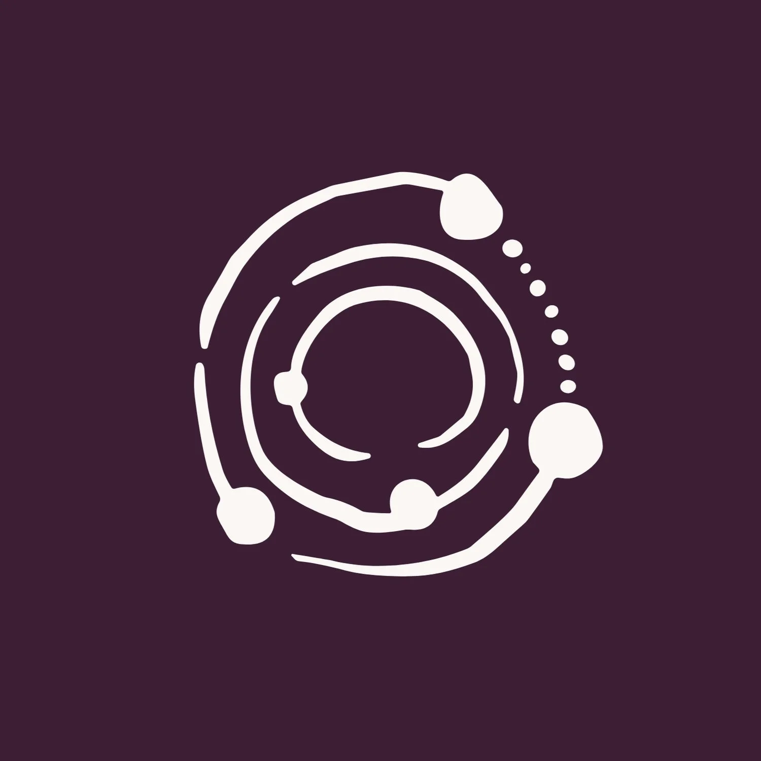 Cream hand-drawn orbit-and-spiral icon on a dark plum background, evoking Deeptime, cosmic cycles and the Universe Story