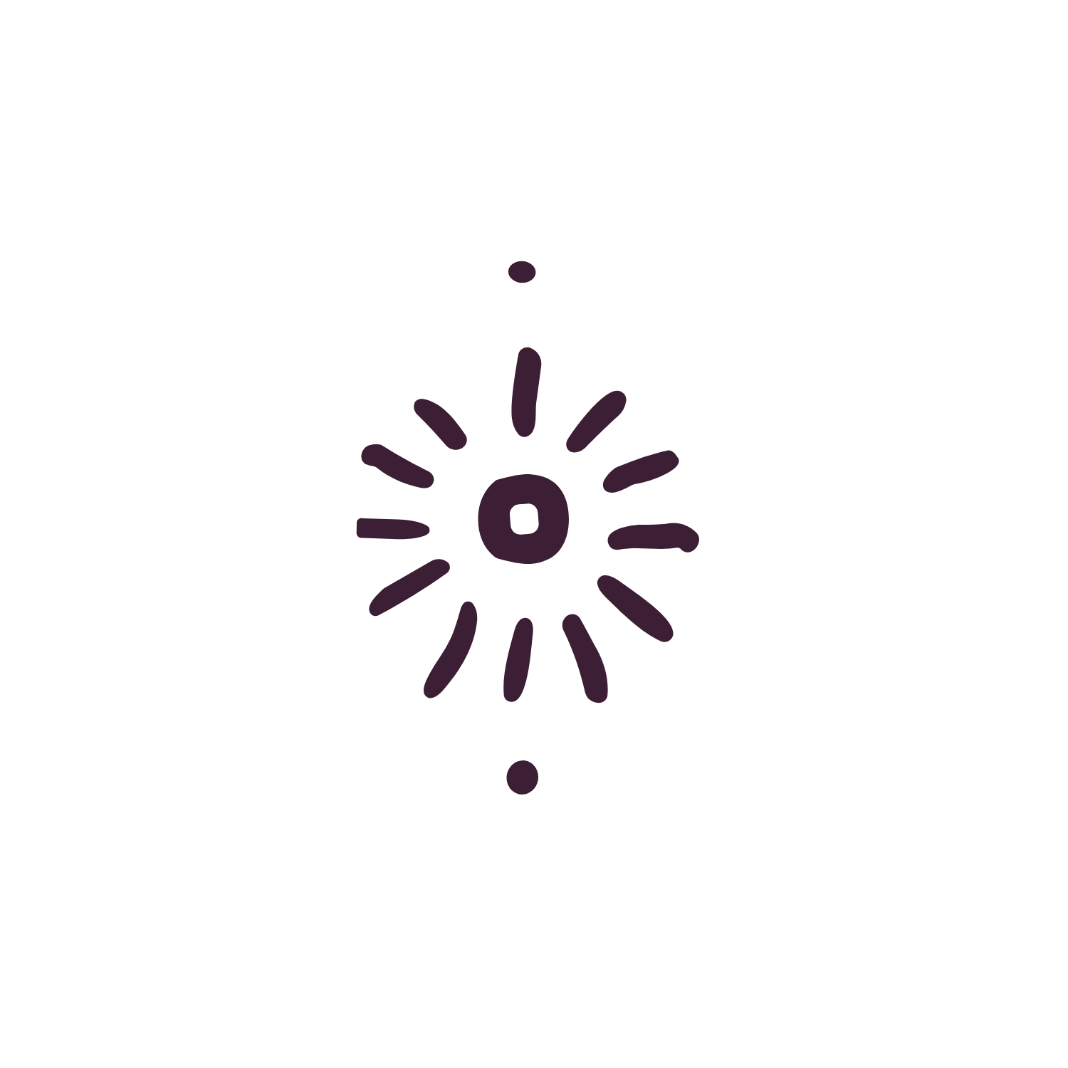  Hand-drawn dark plum sun icon with radiating rays, representing inner light and awakening
