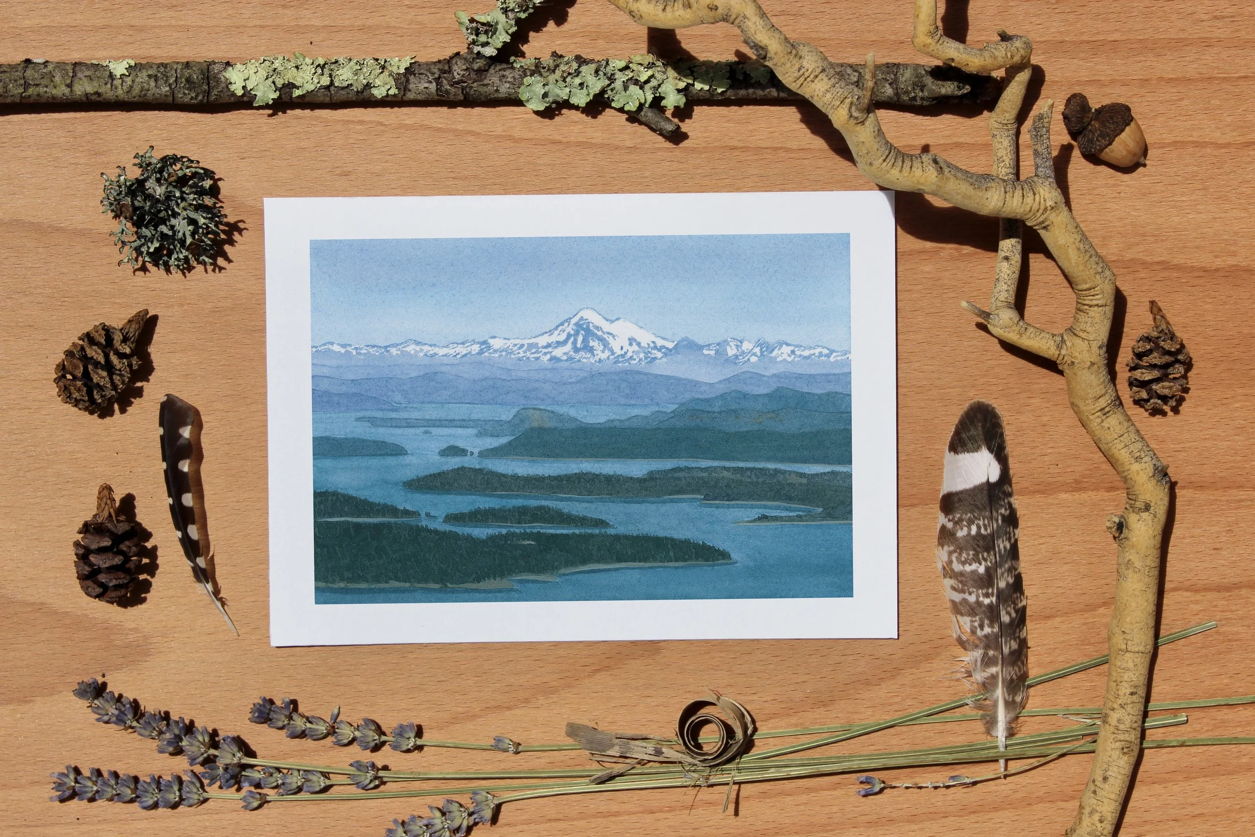 A photograph of a watercolor painting of snow-capped mountains, a lake, and hills, surrounded by natural objects including pine cones, twigs, feathers, and dried flowers on a wooden surface.
