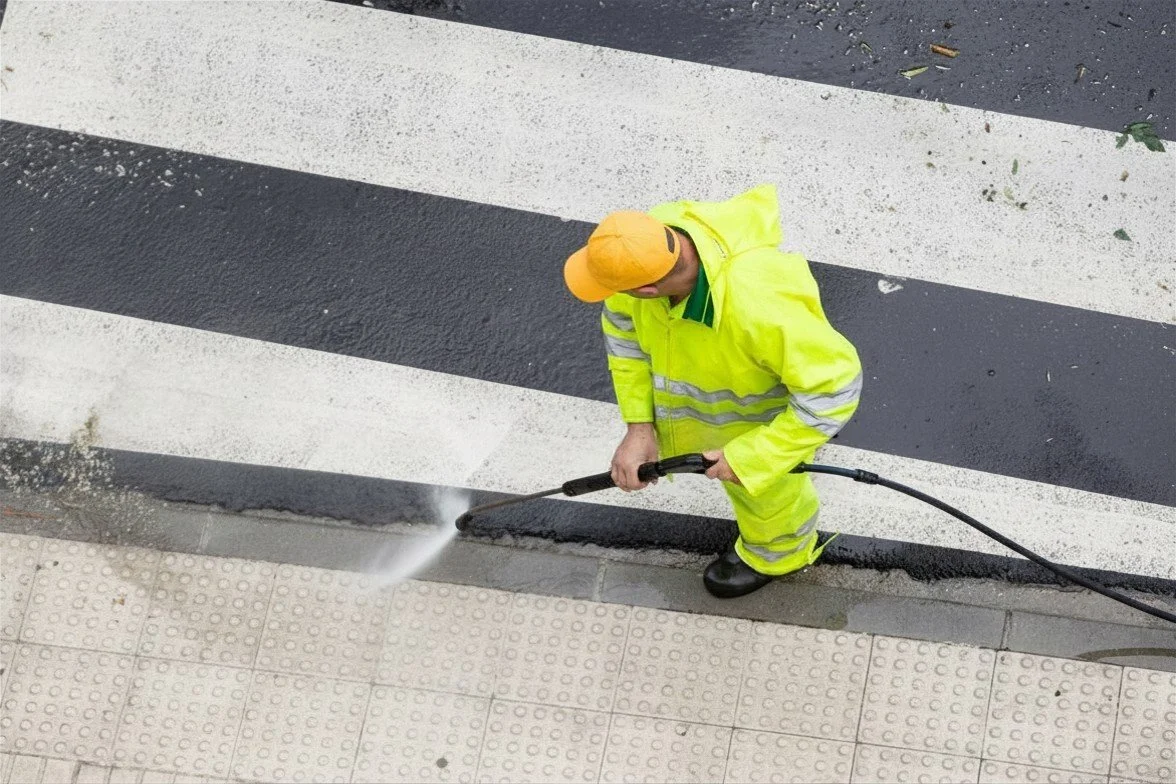 A worker in a neon yellow raincoat and orange cap pressure washing the sidewalk.
