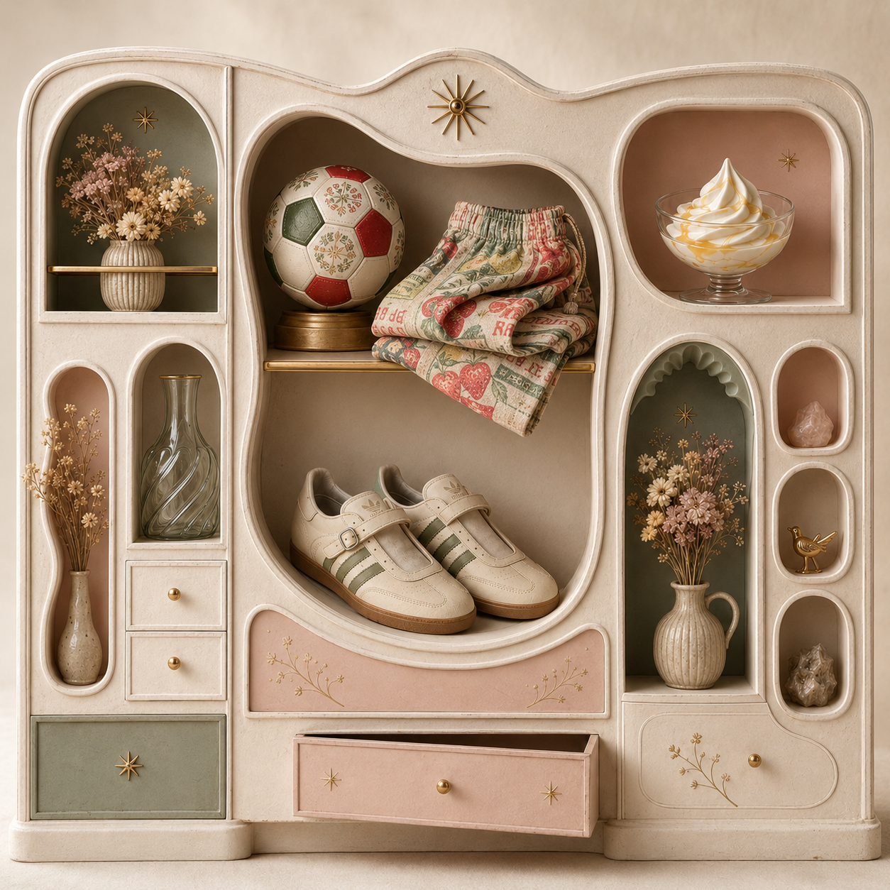Whimsical cabinet of curiosities featuring a Mexico soccer ball, seed-sack pants, dried flowers, Greek frozen yogurt with olive oil, a handcrafted glass carafe, and Adidas Mary Jane sneakers.