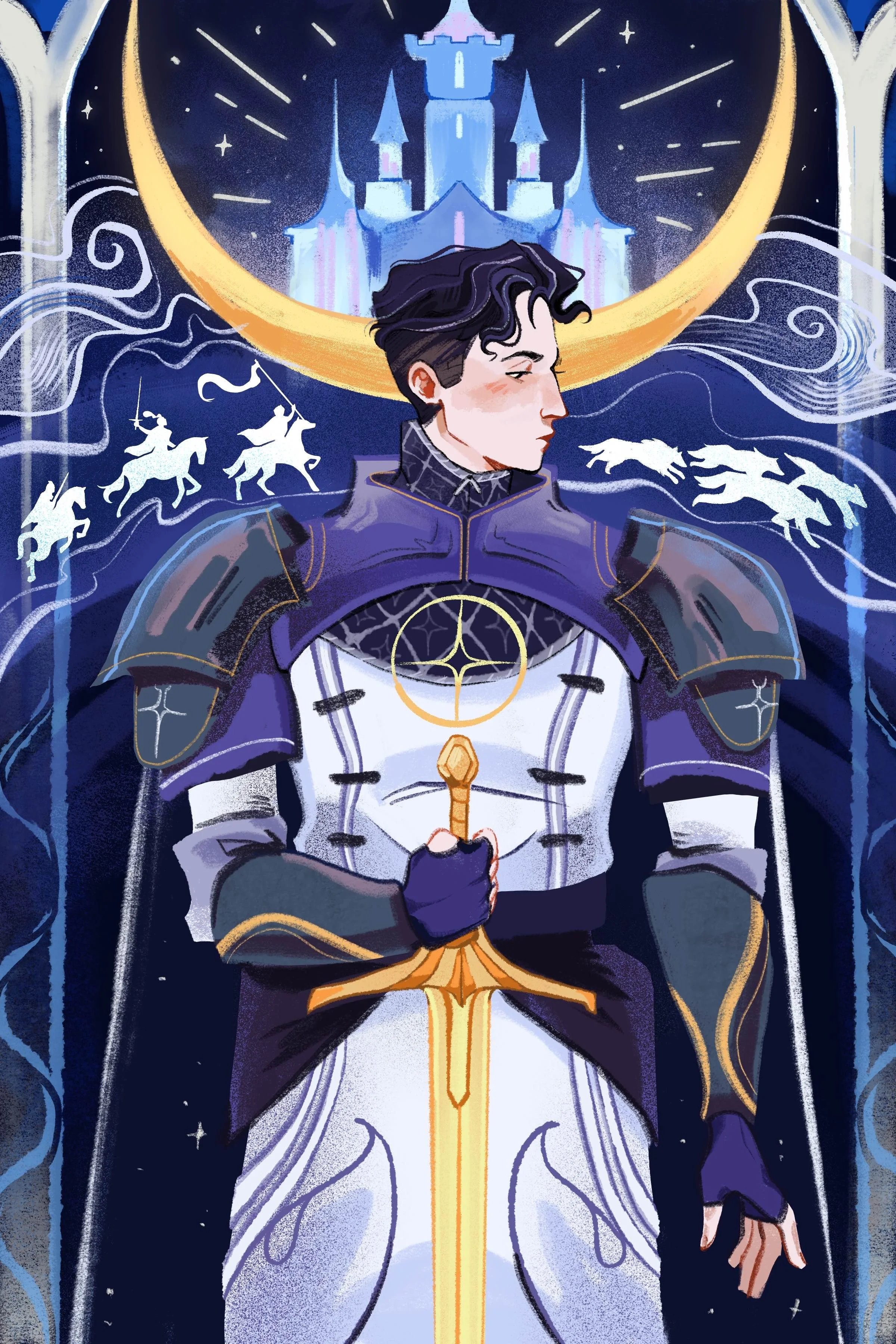 A fantasy illustration of a knight in armor holding a sword with a glowing castle and crescent moon in the background, surrounded by stars and swirling clouds.