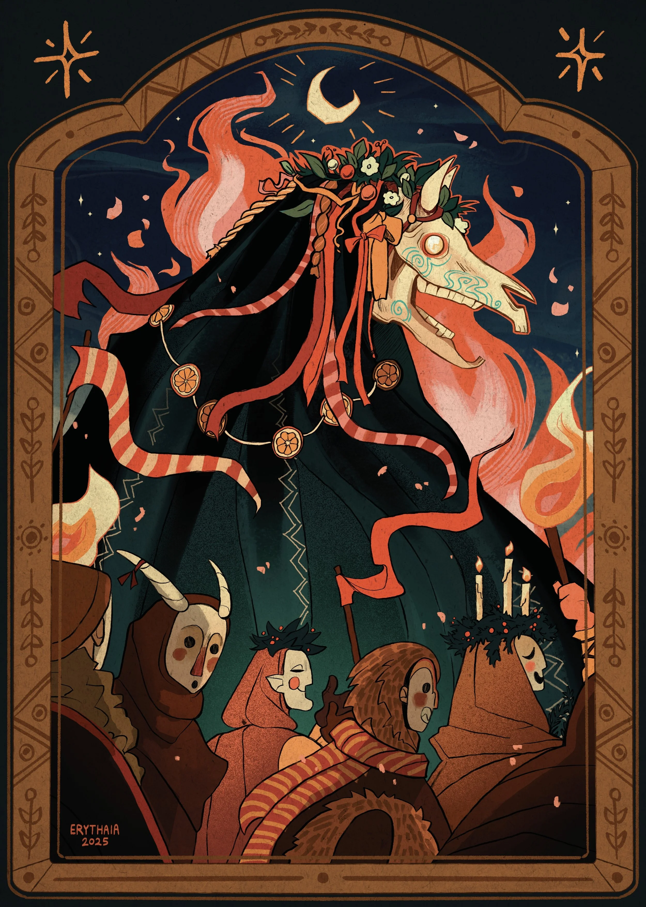 A dark mythical scene featuring a unicorn with flowers on its head surrounded by flames, a crescent moon, and stars. Below, several characters with skeletons, masks, and tribal elements are present, all in a stylized, illustrative art style with a de