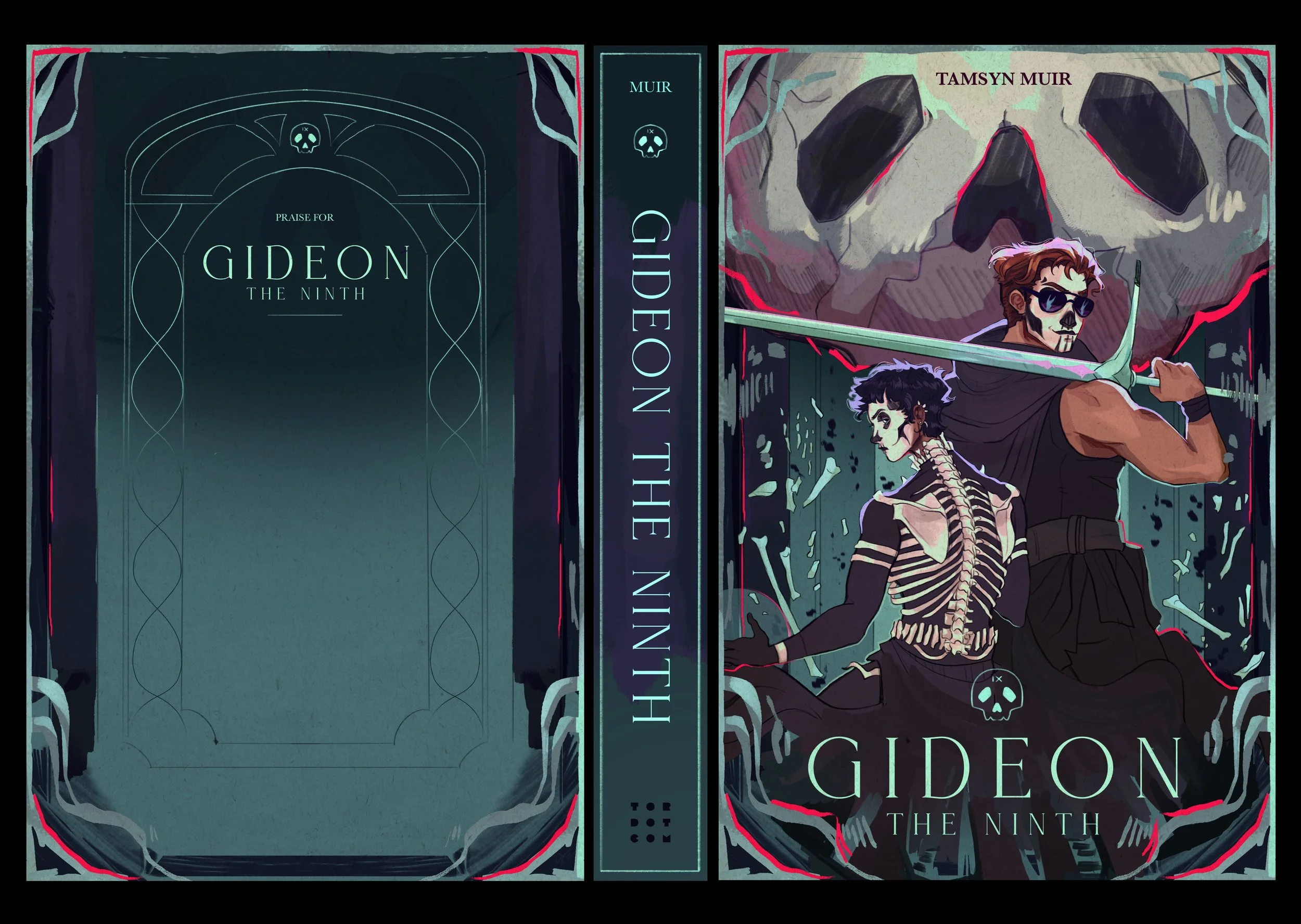 Book cover for Gideon: The Ninth by Tamsyn Muir, featuring an illustration of two characters, one with sunglasses and a sword, and another skeletal figure, with a large skull in the background and skeletal motifs.