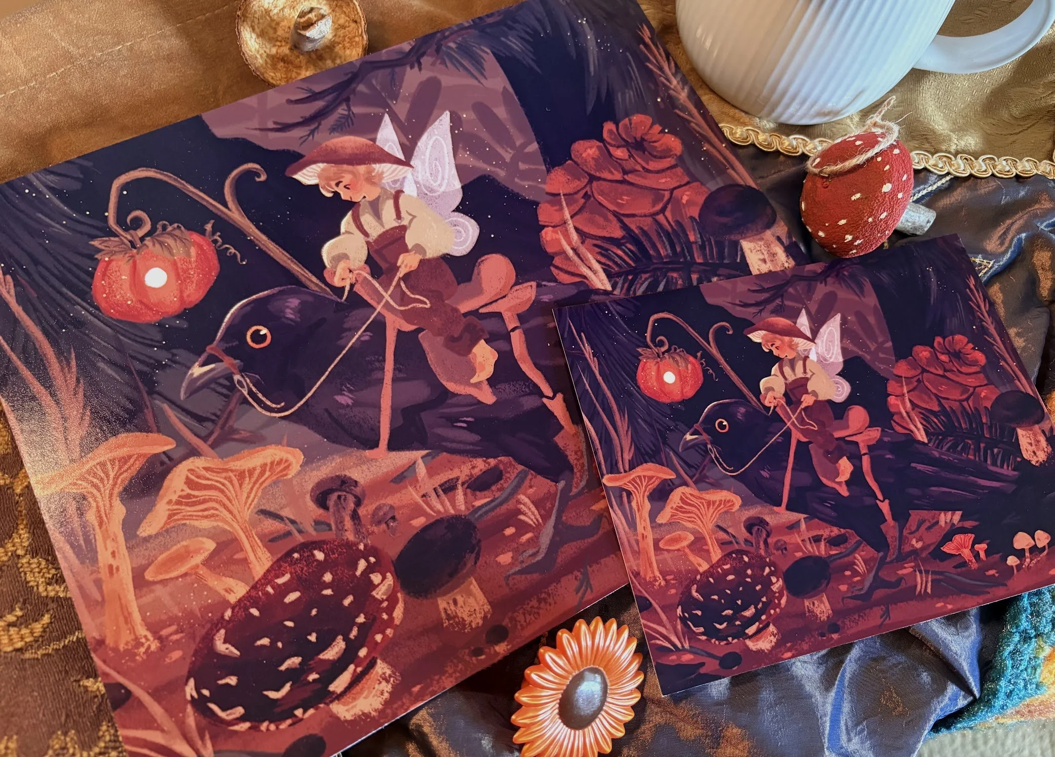 Decorative artwork featuring a fairy with pink wings and orange hair in a forest scene, surrounded by red mushrooms, mushrooms with orange caps, and orange flowers, all in a whimsical, fantasy style.