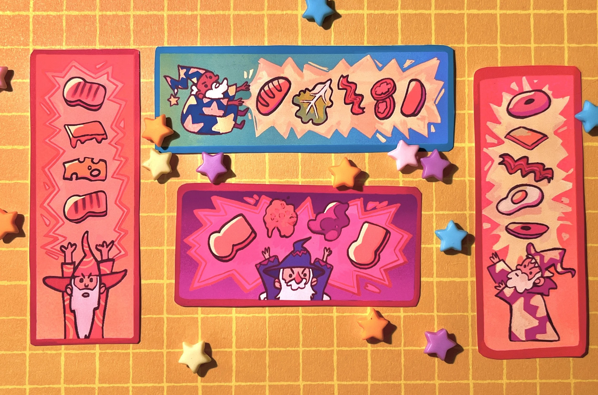 Part of a colorful card game board with cartoon illustrations of characters and objects, surrounded by small star-shaped game pieces in various colors, set on a yellow grid-patterned surface.