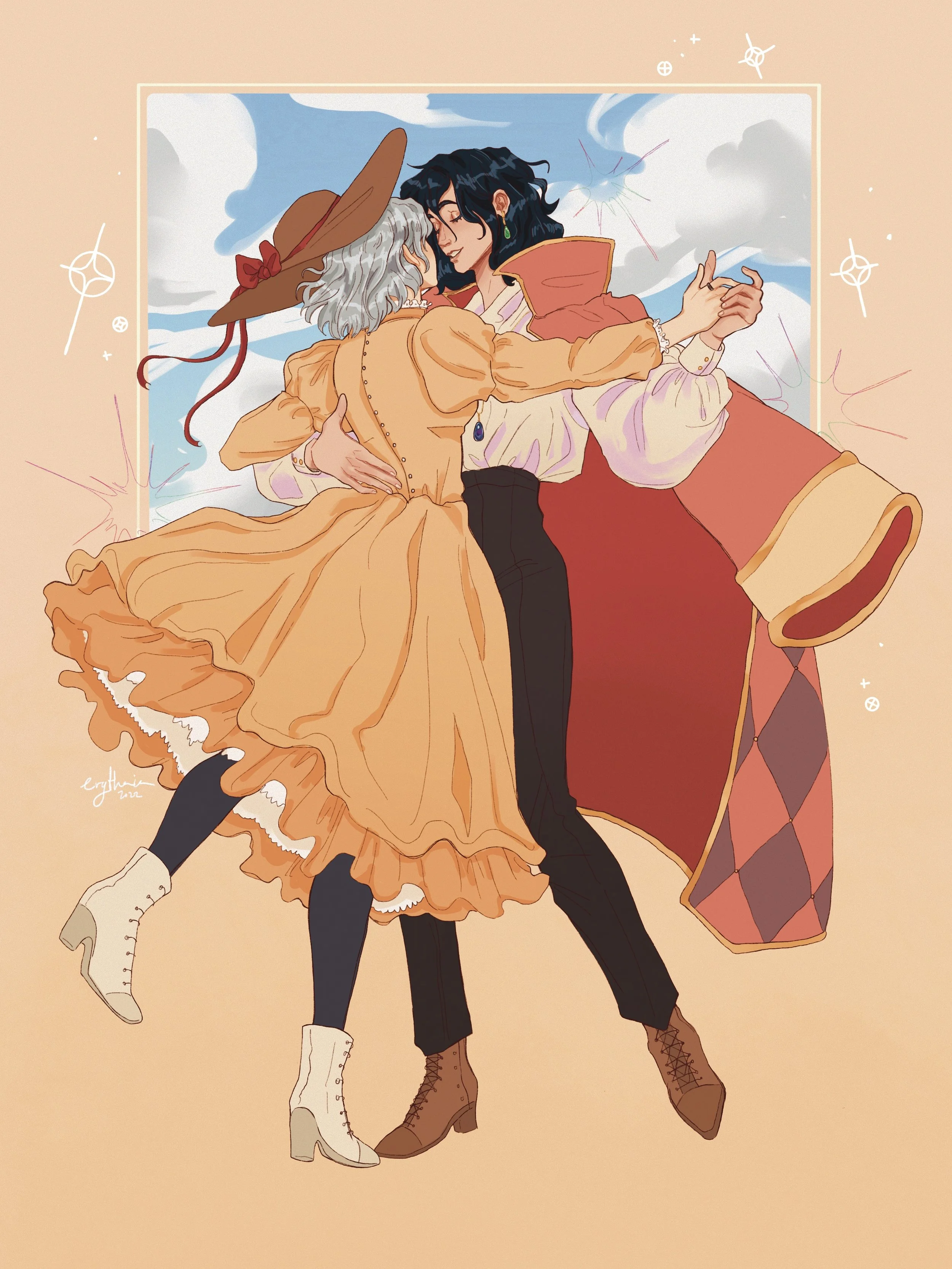 Two women are dancing closely, holding hands and pressing their foreheads together. One woman has black hair and wears a red and orange outfit with boots; the other has gray hair, a large hat with a red ribbon, an orange dress, and ice skates.