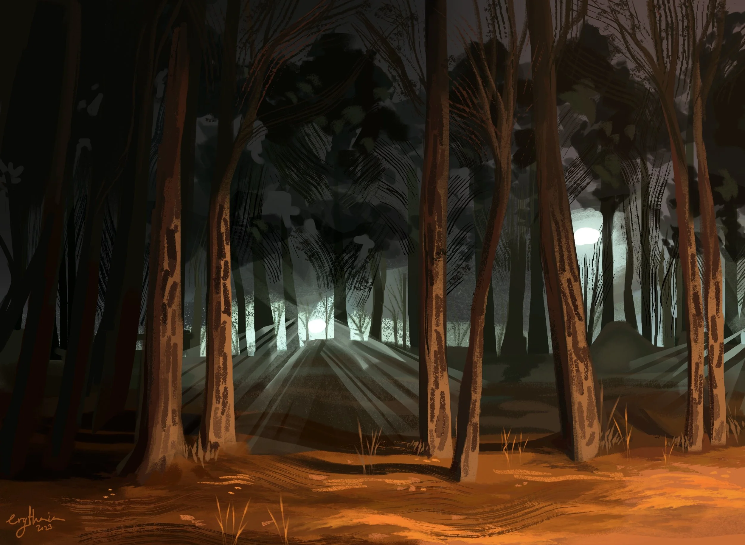 A dark forest scene with tall trees and a glowing light in the distance, illuminated by moonlight or a similar light source.